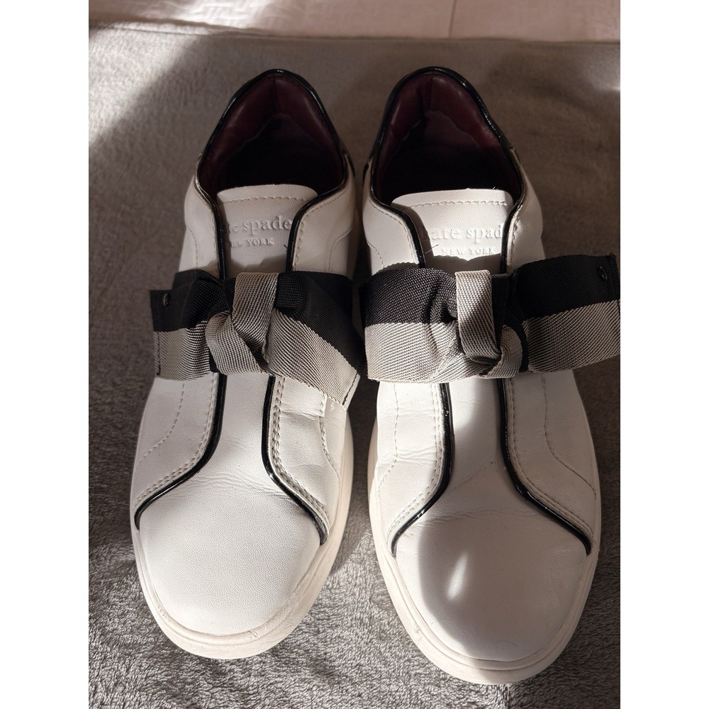 Kate Spade Lexi White Leather Bow Slip On Sneakers Mens 7.5B C23/146 Black Grey